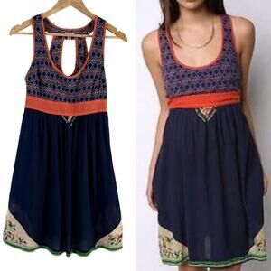 Urban Outfitters Scoop Neck  Sleeveless Mixed Boho Print Dress in Navy Orange, S